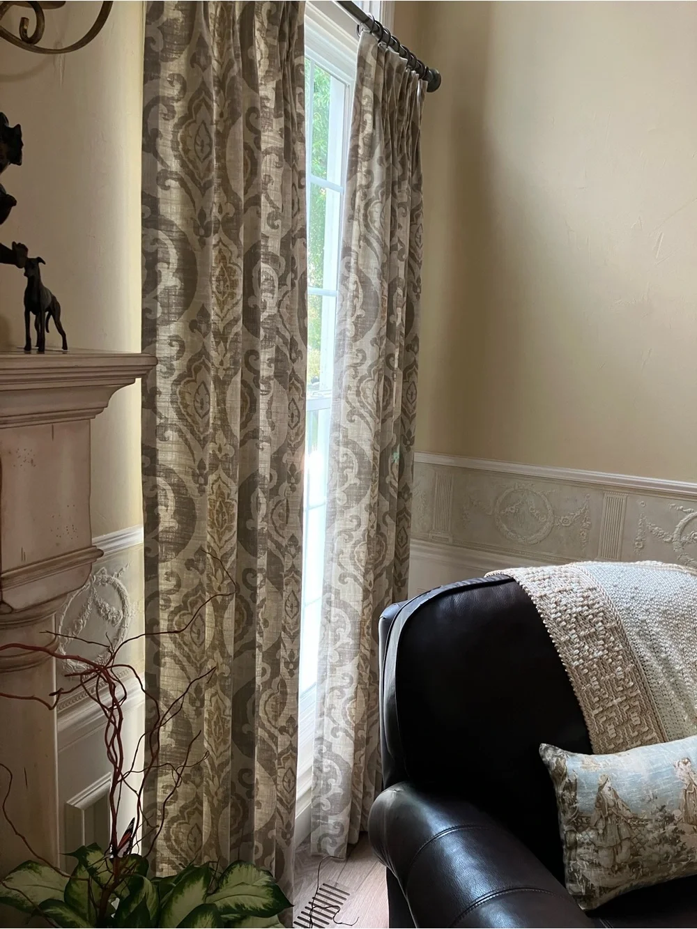 Hand Crafted Neutral Damask Curtain Panels in Beige and Taupe. Lined.
